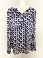 Talbots Womens Top Blouse Size M Blue Maroon Geometric V Neck Button Long Sleeve