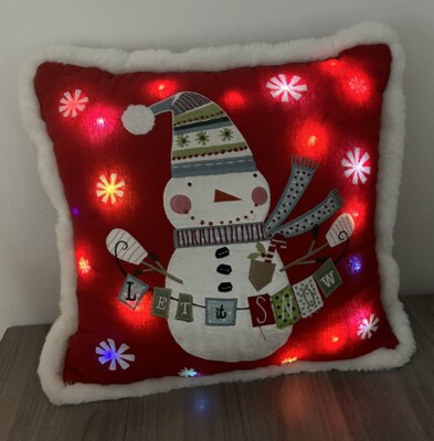PIER 1 Christmas Pillow Embroidered Applique Let It Snow Blinking Lights