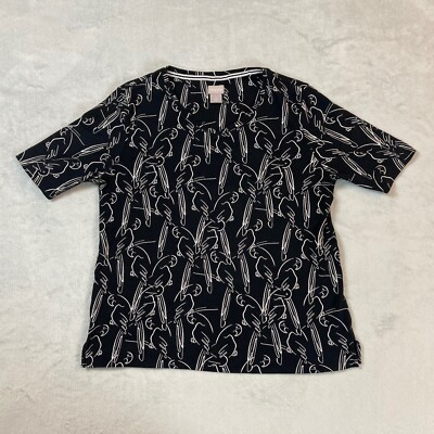 Chicos T Shirt Womens 2 US Large Black Parrot Doodle Print Cotton Short Sleeve
