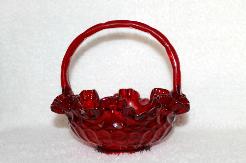 Vtg Ruby Red Glass Thumbprint Dbl Crimp Ruffle Basket 8" Bowl Fenton Holiday