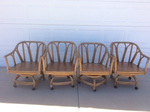 Vtg Ficks Reed Retro Bamboo Rattan Swivel Tilt Caster Patio Chair Set 9003cu Ebay