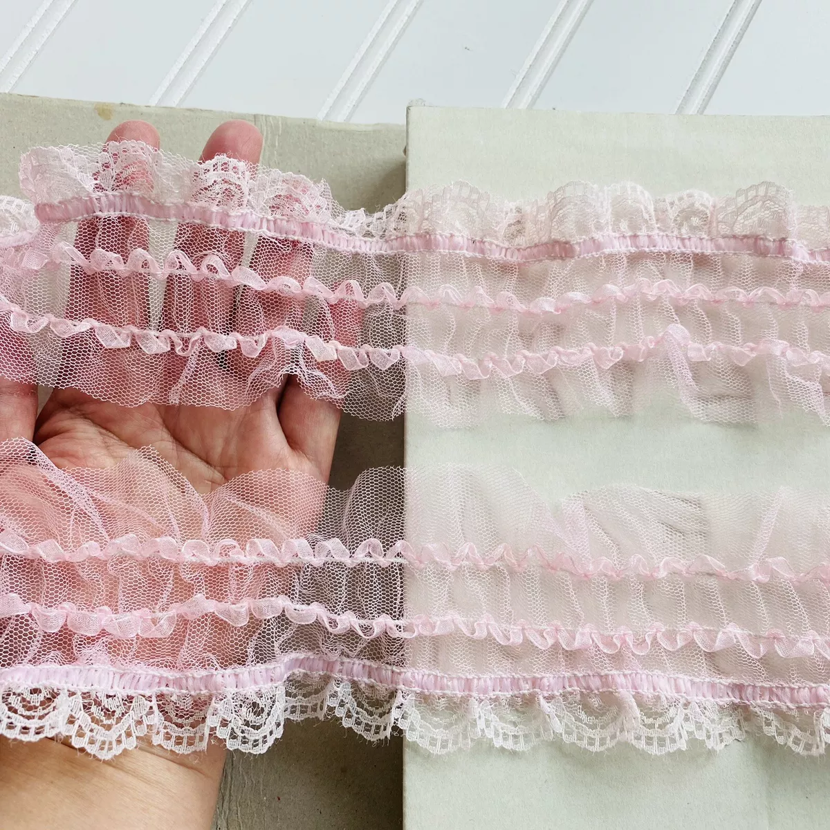 2 Yards Stretch Light Pink Ruffled Lace Trim Sewing Craft Bridal Doll 2.25
