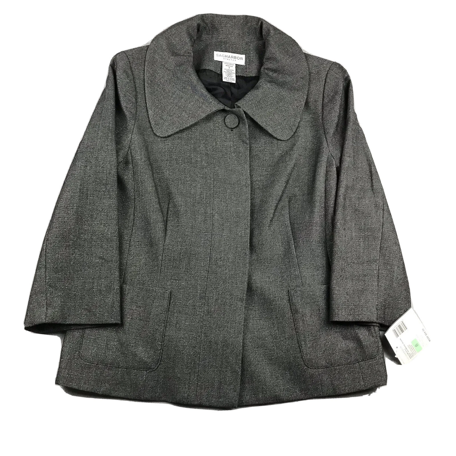 Sag Harbor Jacket Women 8 Black Metallic Button Up Lined Collared Shoulder Pads