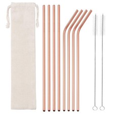 8x Stainless Steel Metal Rose Gold Extra Long 26cm Drinking Straw + Brush +Pouch