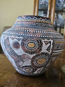 Huge Carved Acoma Pueblo polychromed XL JAR/Olla 12.5"H Hummingbird R Garcia