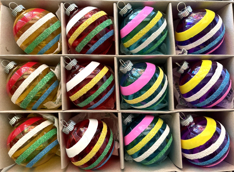 Radko Ornaments 12 Unsilvered Ornaments with Painted & Glittered Stripes NEW Box