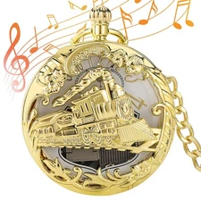 Uncommon Musical Movement Pocket Watch Train Case Quartz Fob Watches with Chain