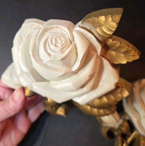 Vintage Mid Century Paar HOMCO weiße Rosen mit goldenen Blättern Wandbehang Deko - Bild 6 von 10