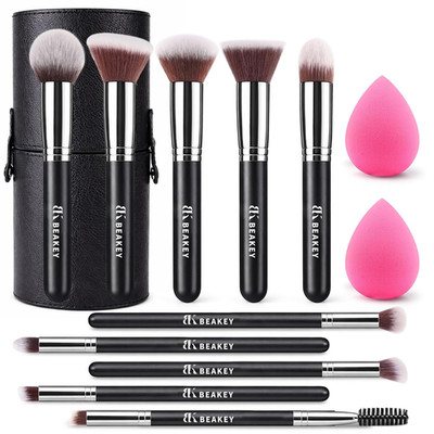 13PCS Makeup Brush Set with Case & 2 Sponges, 10 Makeup Brushes Full Face Kit, B