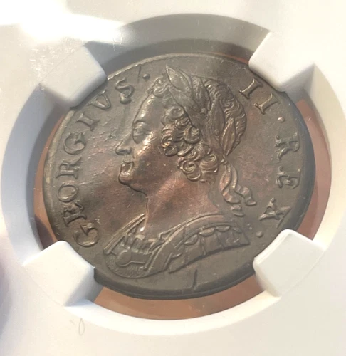 (#101869) Great Britain: 1749, 1/2 penny. George II. NGC AU 55 BN. (see video)