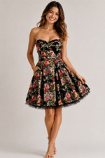 Vintage Y2K 2b bebe Strapless Floral Fit Flare Dress Black Romantic Coquette