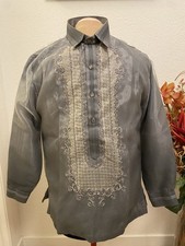 Barong Tagalog Men S Gray Organza Embroidery Accent Double Lining.