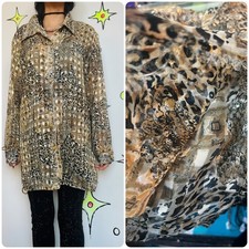 Vintage 90s Y2K Leopard Patchwork Sheer Blouse Boho Grunge Glam Button-Up - XL