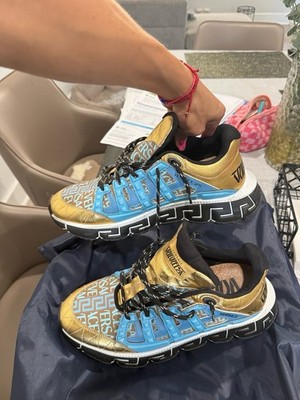 Versace Trigreca Gold Blue Geometric Lace Up Low Top Athletic Sneaker