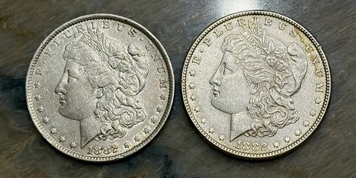 1882 P 1882 O SET FOF TWO MORGAN SILVER DOLLARS FINE LOOKING COINS 90 % SILVER