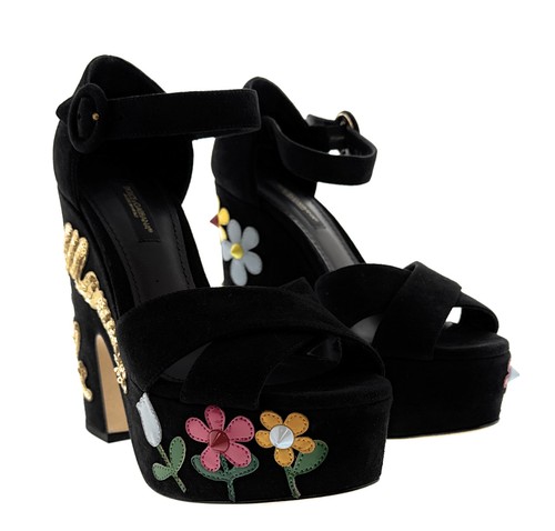 Dolce & Gabbana Floral Embellished Black Velvet Platform Sandals-EU35