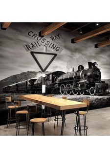 Vinyl Train Pattern Wallpaper Mural Black White Gray Industrial Non-Pasted