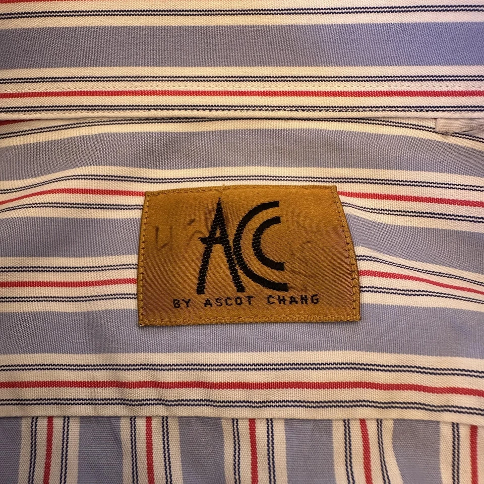 AC by Ascot Chang Shirt Mens Fits 2XL Blue White Red Stripe Dress Pocket - Image 2 of 4