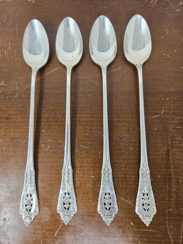 Set Of 4 Vintage Wallace Rose Point Sterling Silver Iced Tea Spoons