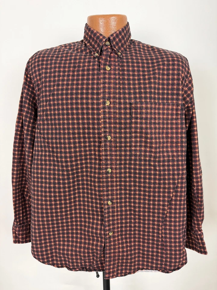 Vintage 90s Plaid Print Shirt Men Medium Boxy Fit Button Down Black Burnt Orange - Image 2 of 4