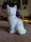 Fenton Satin Glass Hand Painted Cat Figurine With Roses Signed C. Mackey