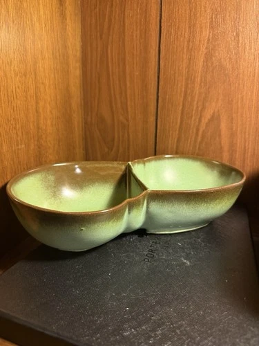 Vintage frankoma prairie green double serving dish divided bowl