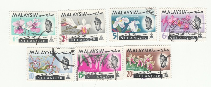 MALAYSIA  SELANGOR 1965. Orchids & Sultan S. Abdul Aziz Shah. Sc# 121-127. Used