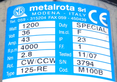 #ad #ad METALROTA 125 RE ELECTRIC PROPULSION MOTOR 4000 RPM 1200 WATT 36V 43ANEW $79.00