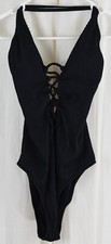 CUPSHE Women's Solid Color V Neck Lace Up One Piece Swimsuit Black Size XS