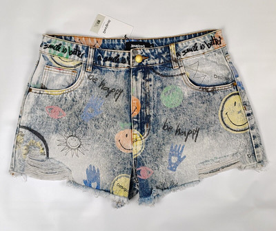 NWT Desigual Smiley Denim Jean Shorts Rave Culture Cut-off Size US 14 UK16 Blue