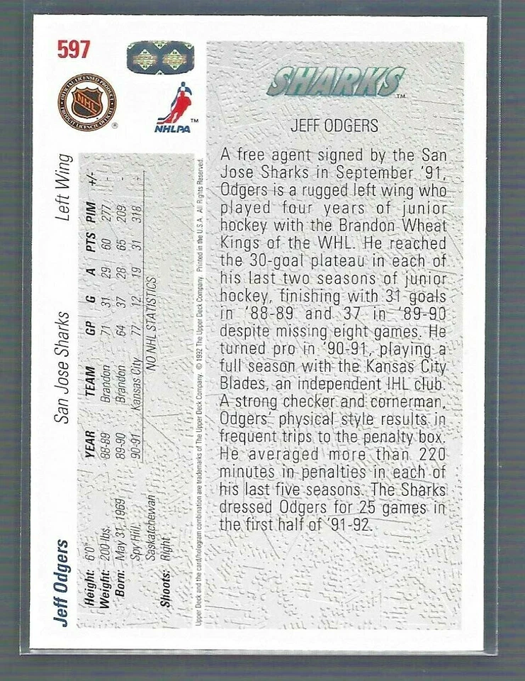1991-92 Upper Deck #597 Jeff Odgers San Jose Sharks RC Rookie Hockey Card - Image 2 of 2