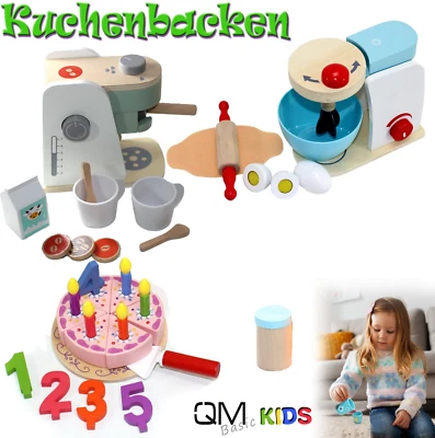 QMBASIC Kinder Küche HOLZ Zubehör KUCHEN BACKEN Geburtstagsfeier Zahlen Torte Mixer Teig