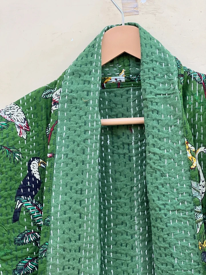 Cotton Kantha quilted Short Jacket Handmade floral Print coat for Women Kimono - Image 4 of 4