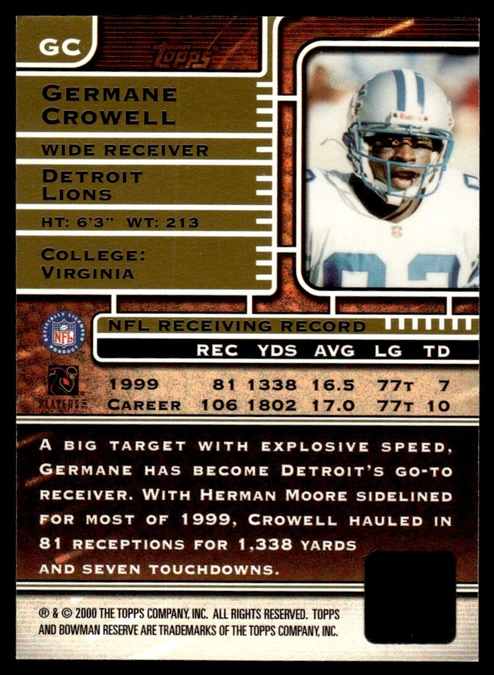 2000 Bowman Reserve Autographs Germane Crowell Auto Detroit Lions #GC - Image 2 of 2