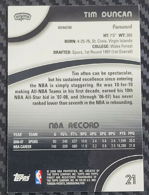2007-08 TOPPS FINEST - TIM DUNCAN - RED REFRACTOR SPURS HOF  2007-08 TOPPS FINEST - TIM DUNCAN - RED REFRACTOR SPURS HOF main image 2