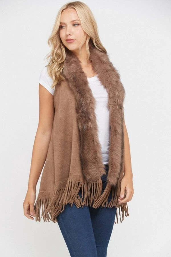 Cup of Mocha Faux Fur Sleeveless Cardigan With Fringe eBay