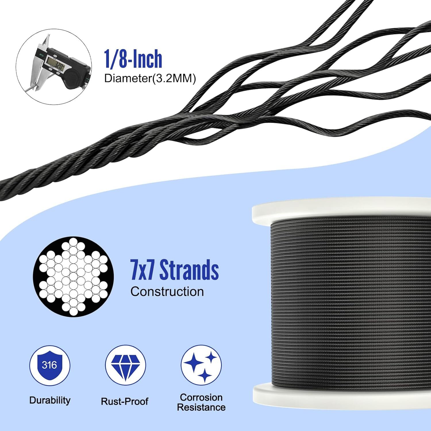 1000FT 1/8" Black Deck Railing Cable T316 Stainless Steel Cable with 7x7 Strands