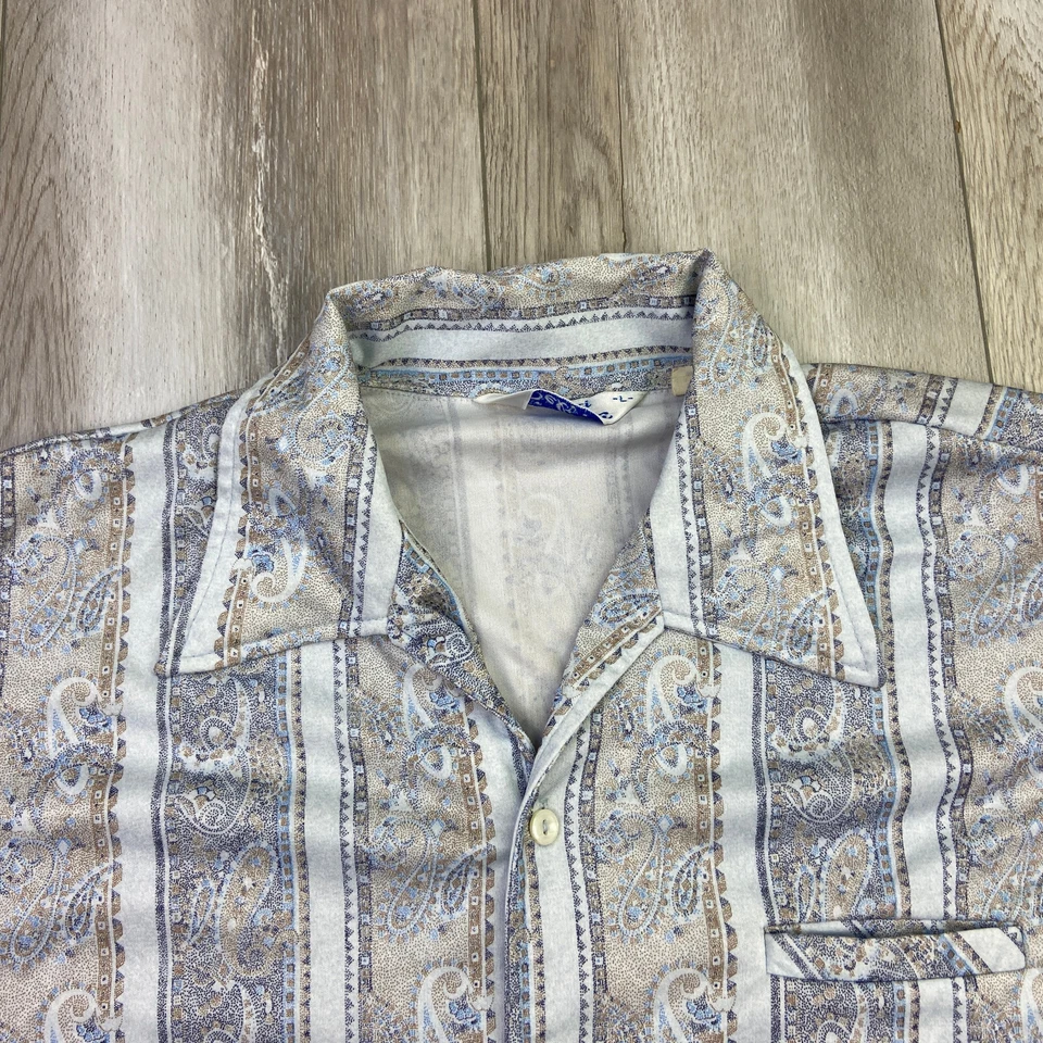 VINTAGE DaVinci Delfina Shirt Mens Large Blue Paisley Button Up Disco Men * - Image 2 of 4