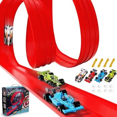 Flexible 5m Autorennbahn Set mit 4 Autos & 8 Saugnäpfen für Kinder 3+ Rennspiel