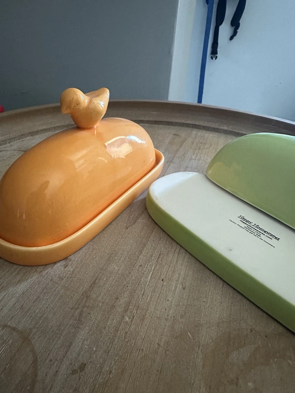 ORANGE Happy Homewares Oval Porcelain Butter Keeper Dish w Bird Finial Lid EUC