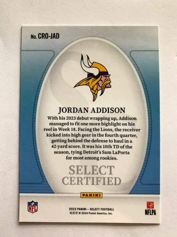 JORDAN ADDISON ROOKIE 2023 PANINI SELECT CERTIFIED VIKINGS RC #CRO-JAD - Image 2 of 2