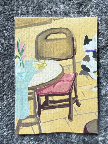 ACEO Original Mixed Media Painting Art Card 2.5 x 3.5 Cafe Street Signed Nree.S