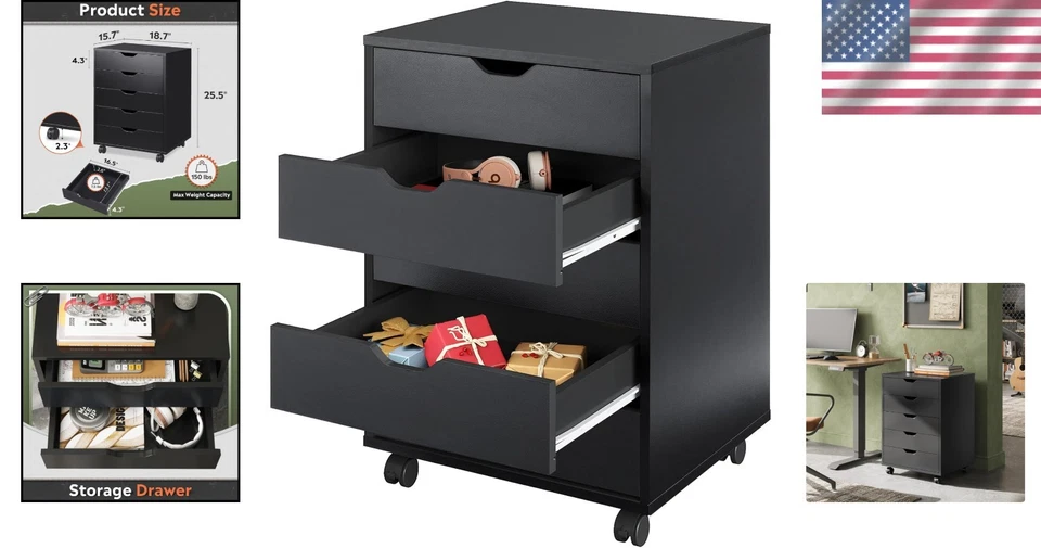 Гладкий черный комод с 5 ящиками, деревянный сундук для хранения с колесами - Изображение 2 из 4