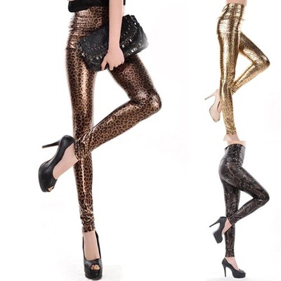 Damen High Waist Glänzend Nass Glänzend Print Slim Hose Kunstleder Stretch Leggings