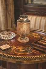 Vintage Italian Onyx Table Lighter Tulip Pedestal Peach Marble Carved MCM Untest