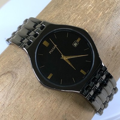Vintage Pulsar Men V732-X091 Fashion Black Tone Quartz Analog 34mm Watch 8 1/4''