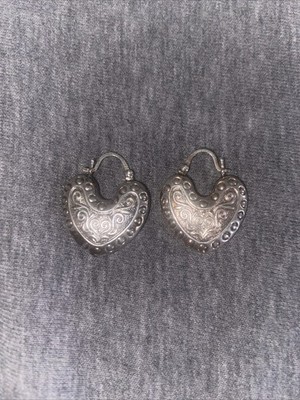 Vintage Sterlingsilber 925 aufgeblähtes Herz Creolen aufwendige strukturierte Ohrringe 1 Zoll