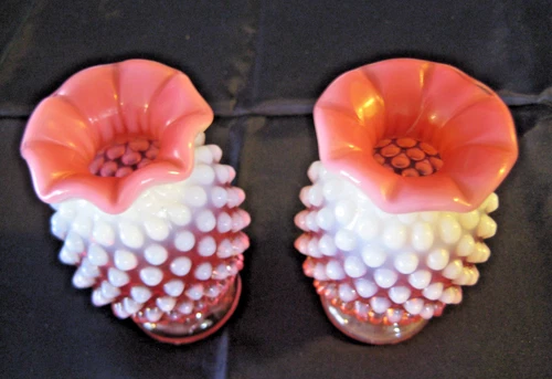 2 VINTAGE FENTON HOBNAIL CRANBERRY OPALESCENT GLASS CANDLE HOLDERS RUFFLE EDGE