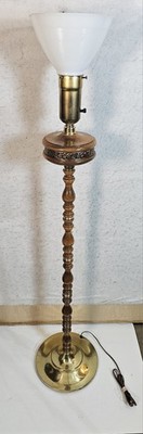 Torchiere Style Wooden Floor Lamp 54'' Tall Brass Floral Accents Milk Glass Shade