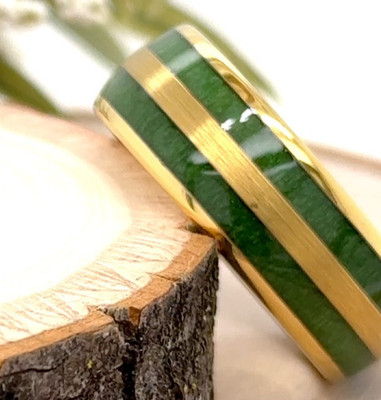 8mm Gold Tungsten Ring for Women  Green Resin Inlay Polished Christmas Gift Band